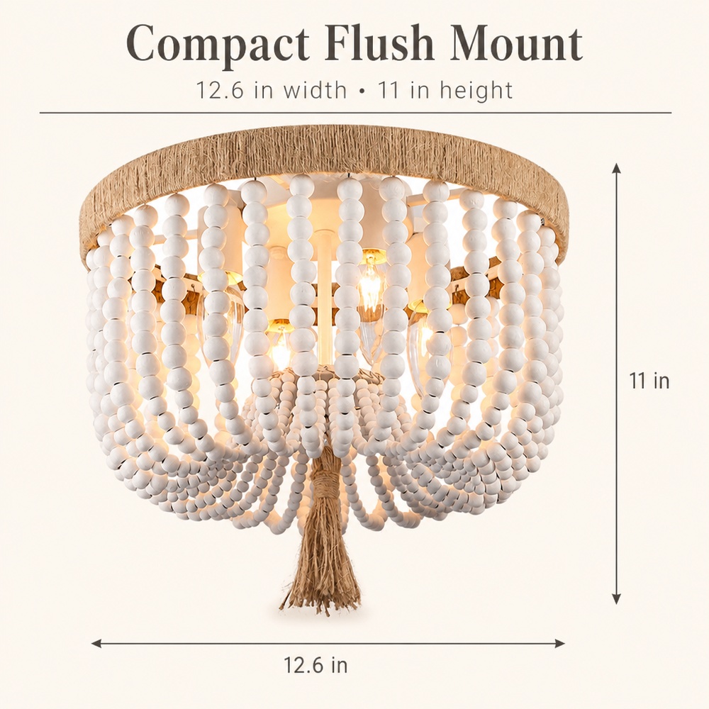 Handmade Boho Chic 320mm ferro Art Nursery Child Room Decorative Semi-embutido Warm luminária Wooden Bead luminária de teto