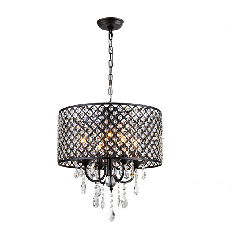 American Antique preto 4-luminária redondo cristal lustre pendente teto luminária