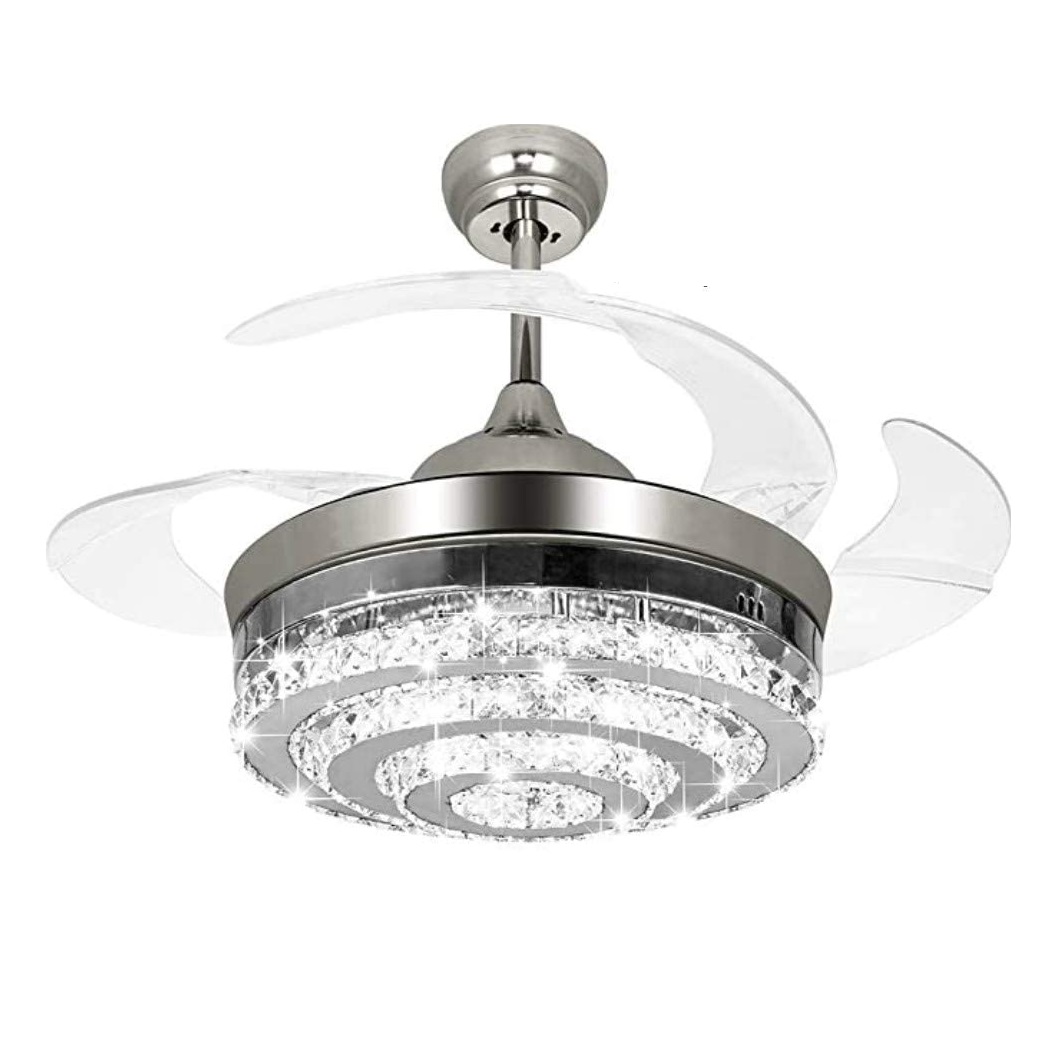42" 3 Tiers cristal Invisible teto Fan luminária controle remoto Retractable lustre