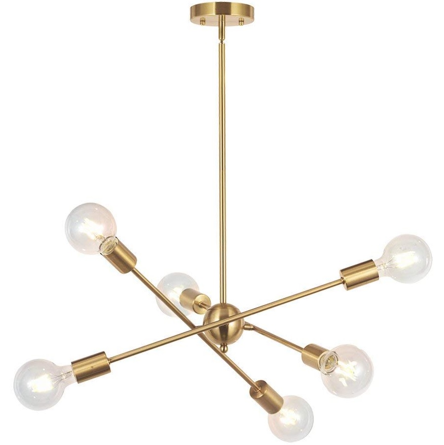 moderno Sputnik lustre 6 luminárias Brushed Brass lustre mid-century pendente Gold luminária de teto luminária