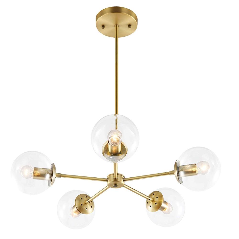 5 lâmpadas lustre pendente Brushed Brass com Clear Glass Globes Classic mid-century moderno luminária