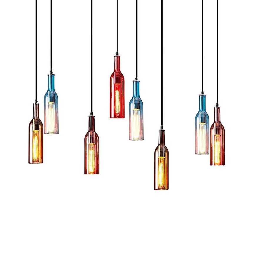 Creative retrô ChandelierVintage industrial Colored Glass Wine Bottle pendente para Cafe Loft restaurante cozinha