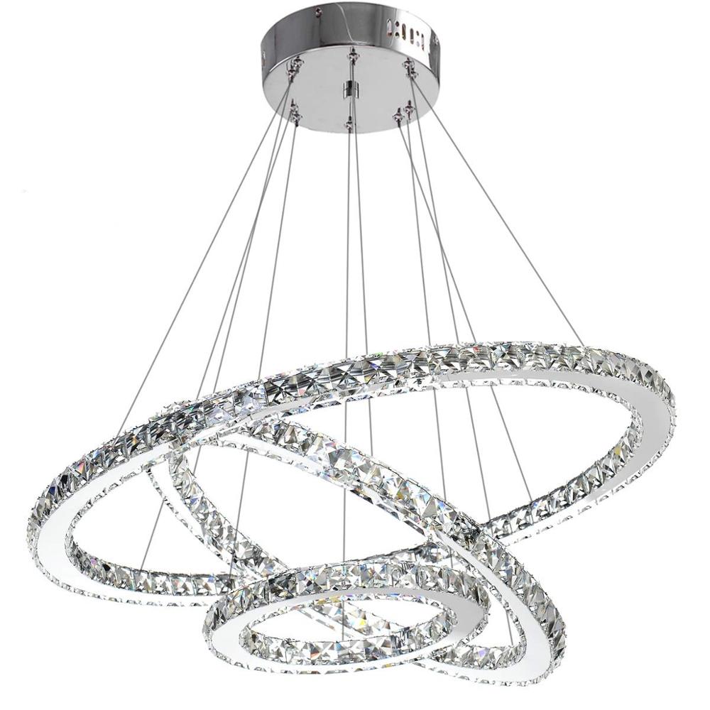 cristal moderno LED teto luminárias sala de jantar pendentes Contemporary 3 Rings ajustável Stainless Steel lustre