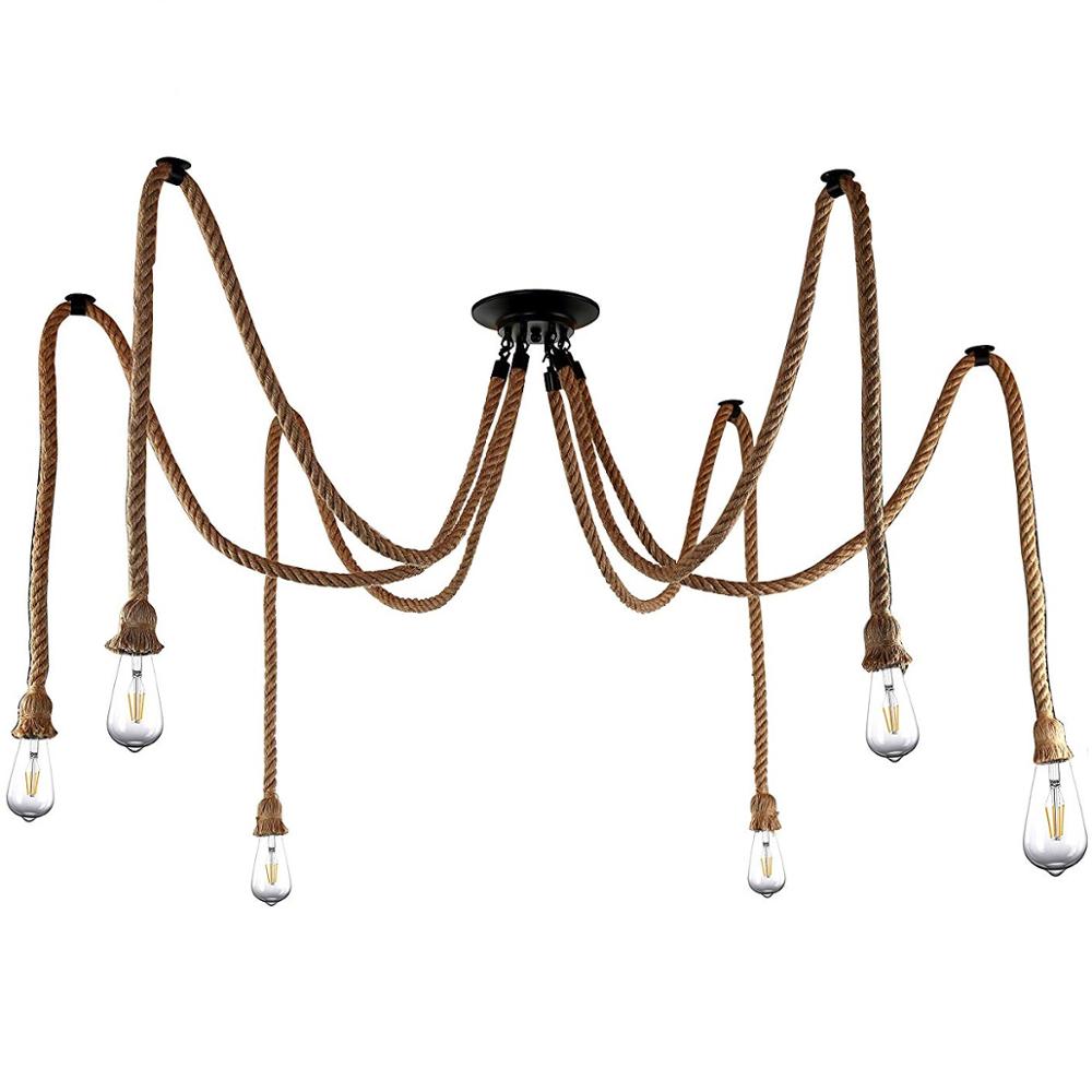 6 Heads American Country retrô industrial Hemp Rope lustre sala de estar restaurante pendentes