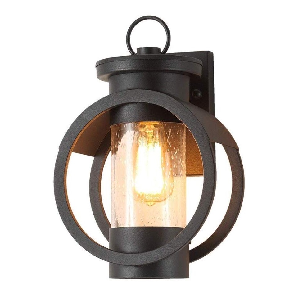 Clear Seeded Glass Shade Matte preto 1 lâmpada externo arandela